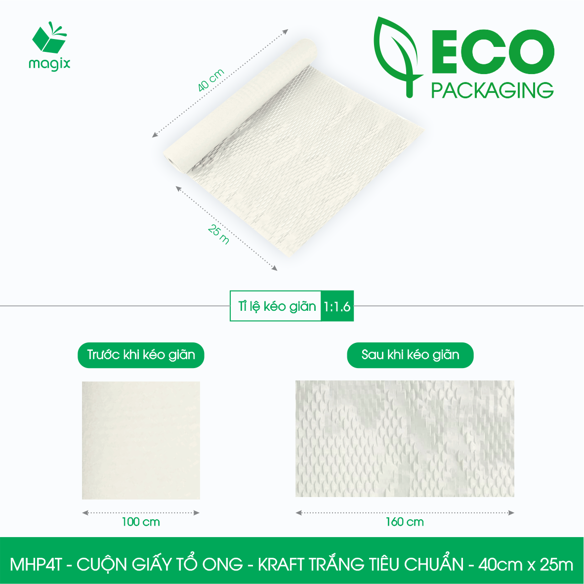 MHP4T - 40cm x 25m - Cuộn giấy tổ ong gói quà, gói hàng chống sốc - Kraft trắng kem Tiêu Chuẩn
