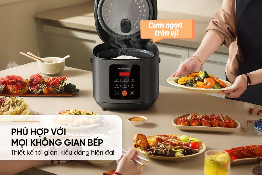 Nồi cơm điện tử 1.5L Sunhouse SHD8825 - 700W, 6 chức năng, Hẹn giờ nấu 24h, Chống dính Daikin 2 lớp, Lòng nồi 1.2mm - Hàng chính hãng