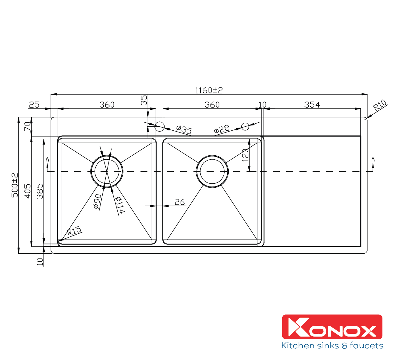 Chậu rửa bát inox Konox, Topmount Series, Model KN11650TD, Inox 304AISI tiêu chuẩn châu Âu, Hạ bậc tích hợp, 1160x500x220(mm), Bảo hành chính hãng 10 năm, Hàng chính hãng