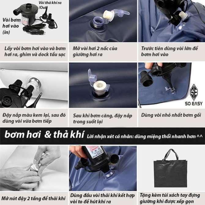 Đệm Hơi Ô Tô , Nệm Hơi Ô Tô Chân Liền Tặng Kèm 2 Gối hơi, 1 Bơm điện Nêm Chất Liệu Vải Nhung Dù Màu Ghi Có Thể Gấp Gọn, Dành Cho Nhiều Dòng Xe