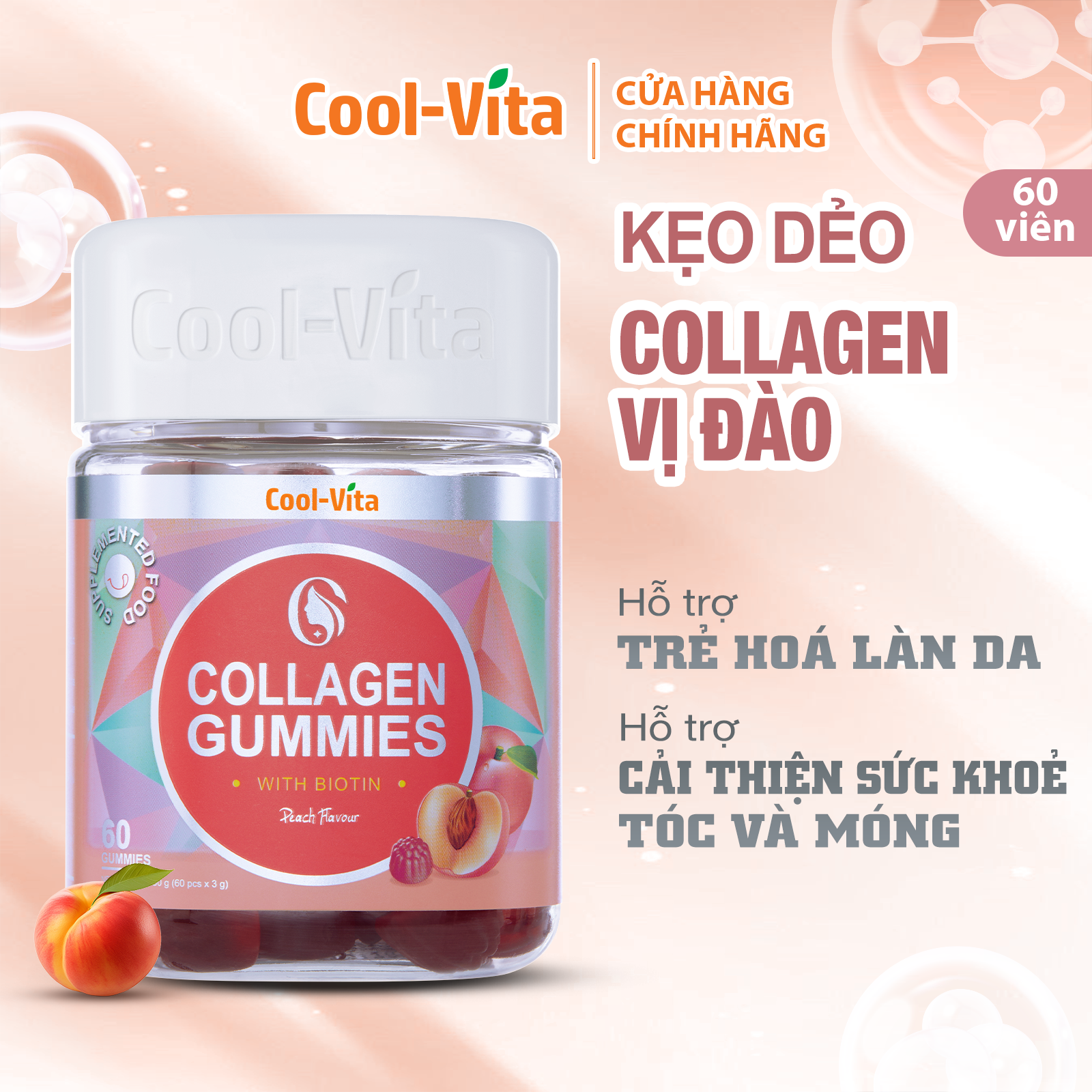Combo Kẹo Dẻo Collagen & Kẹo Dẻo Giấm Táo Coolvita Hỗ Trợ Trẻ Hóa Sáng Da - Cải Thiện Sức Khỏe Tóc Móng - Tiêu Hóa - Tăng Cường Miễn Dịch, Kết Hợp Biotin, Vitamin C, Vitamin E, Vitamin B12 & Axit Folic - 2 Hộp (60 viên x 3g)/hộp