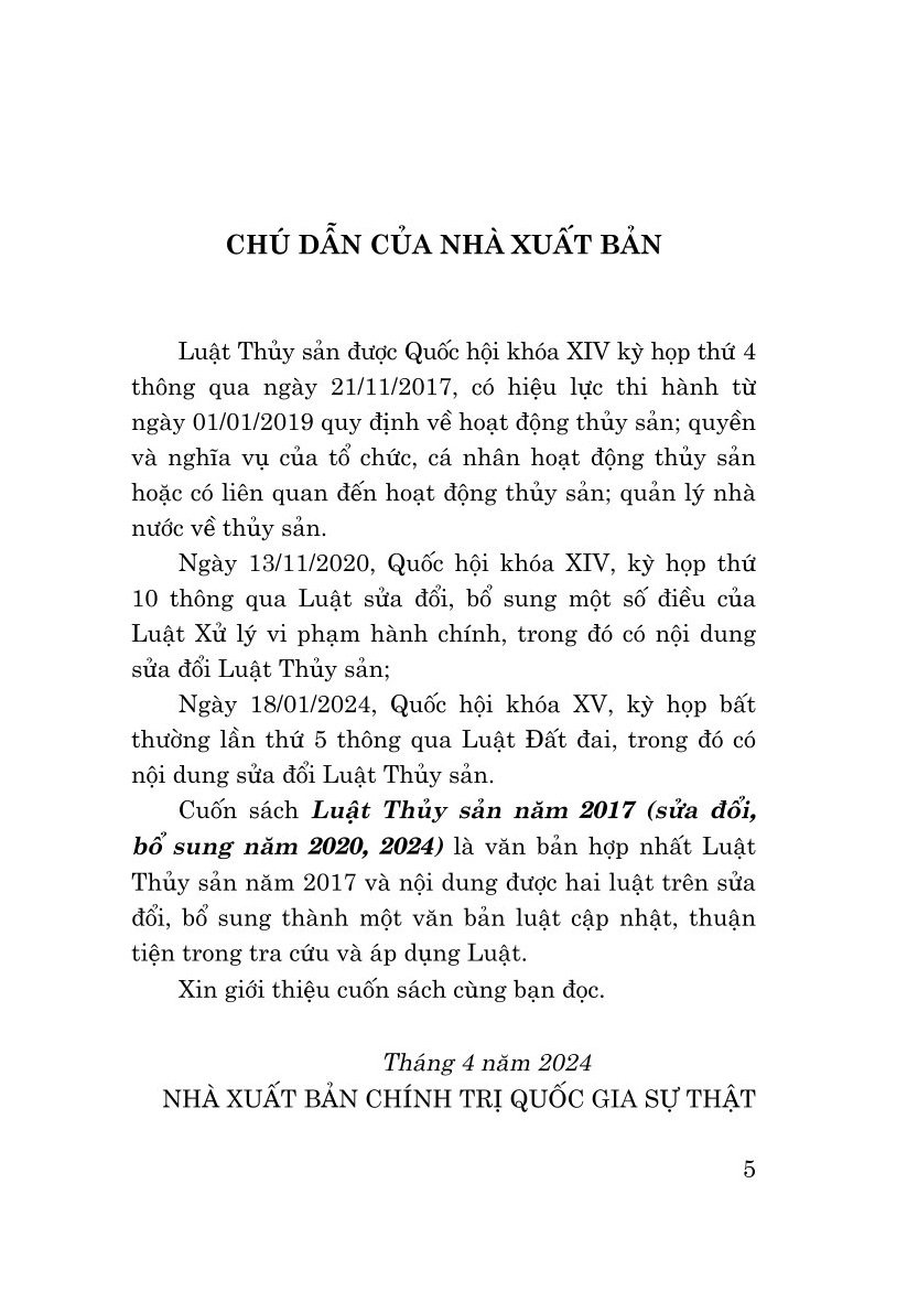 Luật thủy sản năm 2017 sửa đổi, bổ sung năm 2020, 2024 (bản in 2024)