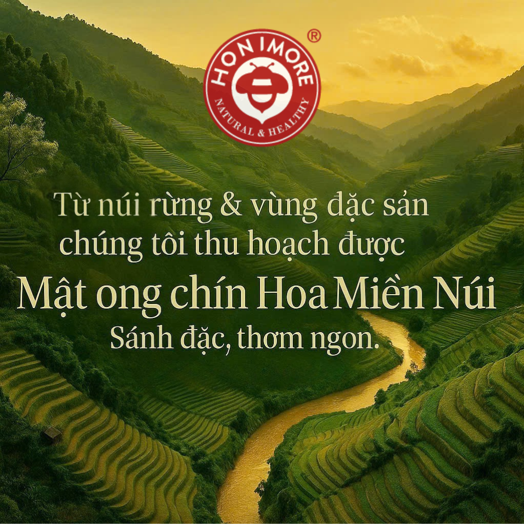 Combo Mật ong nguyên chất Hoa Miền Núi Honimore 630g/chai tặng 1 chai mật ong Hoa Vải Thiều 360g/chai - tăng sức đề kháng