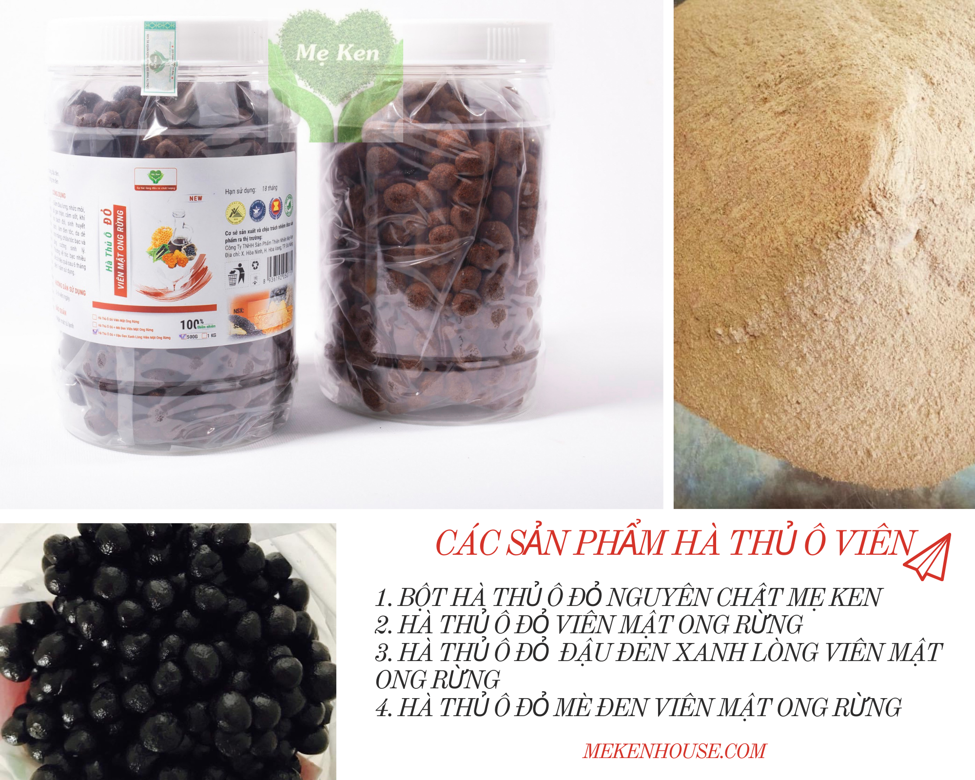Hà thủ ô đỏ MẸ KEN hũ 500gr loại viên mật ong rừng - tặng 1 chai mẫu thử tinh dầu tràm gió nguyên chất MẸ KEN