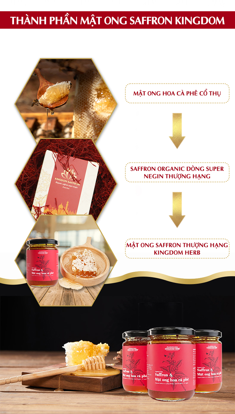 Saffron mật ong Kingdom Herb chính hãng thượng hạng nguyên chất 100% hộp 311g (tặng que lấy mật và bình thuỷ tinh)