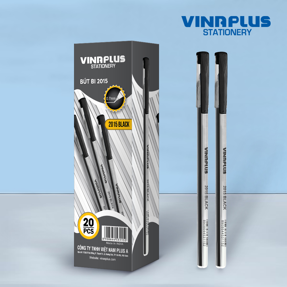 Hộp 20 chiếc bút bi nến Vinaplus VNP-2015 ngòi 0,7mm 2 màu mực xanh đen cho văn phòng, học sinh, sinh viên