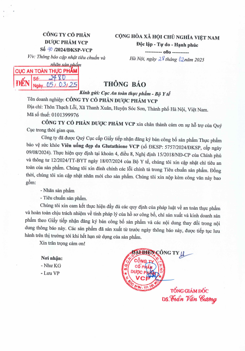 TPBVSK Viên uống đẹp da Glutathione VCP - Hỗ trợ làm sáng da, giảm các triệu chứng nhăn da, khô da, nám da - Hộp 20 viên
