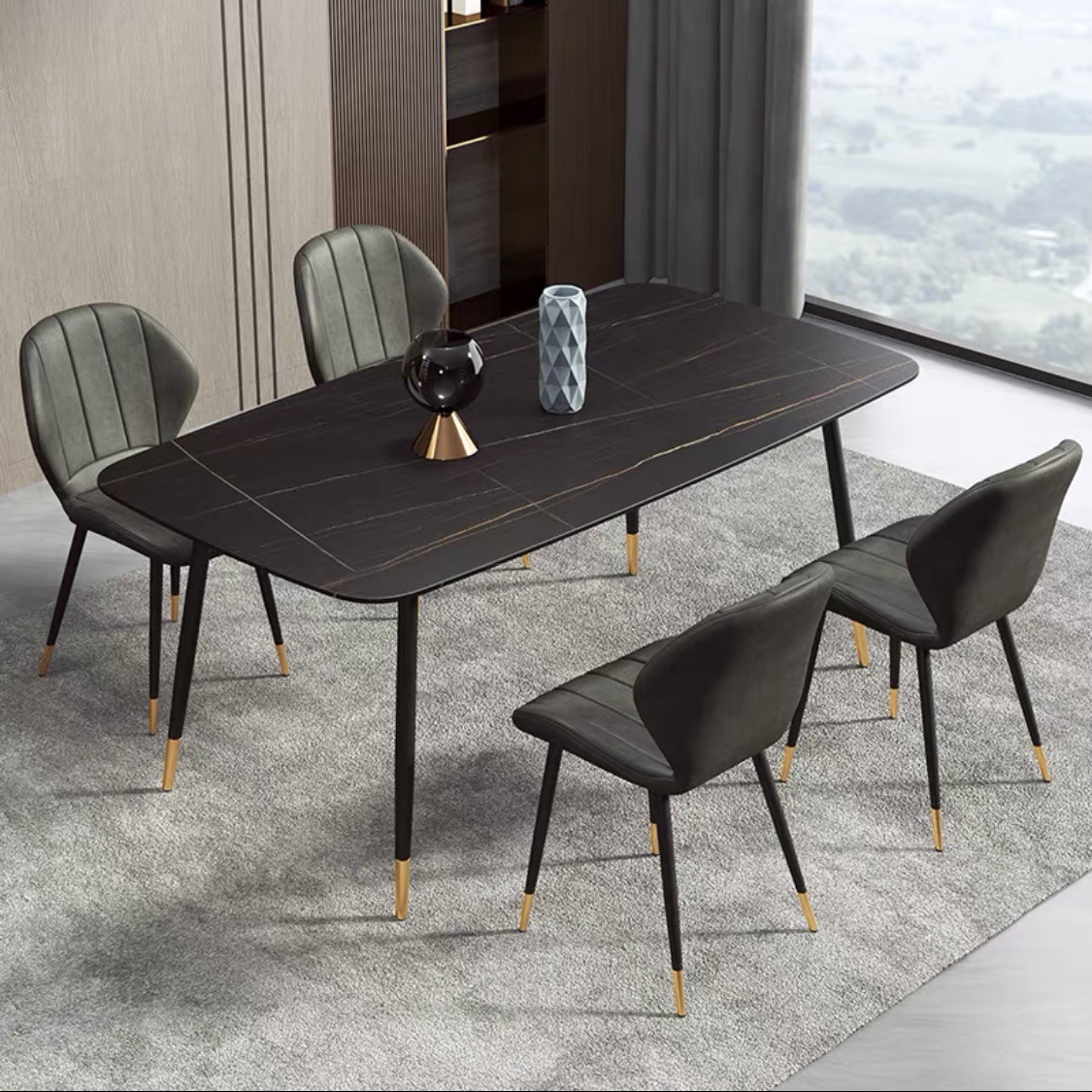 Bộ bàn ăn mặt đá phiến Ceramic kết hợp ghế Nordic sọc