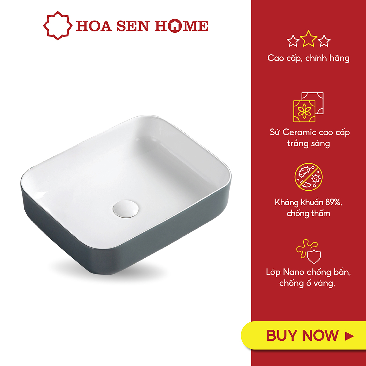 Lavabo đặt bàn TUSLO Pro PALL013, sứ vuông dương bàn, chất liệu sứ Ceramic cao cấp, công nghệ men Nano kháng khuẩn đến 89% - Hàng chính hãng