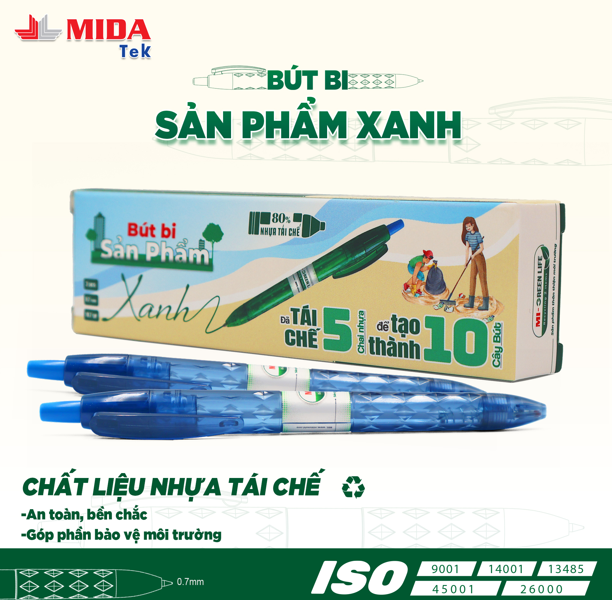Bút bi xanh dương MIDATEK 3 cây/ hộp, nguyên liệu nhựa tái chế