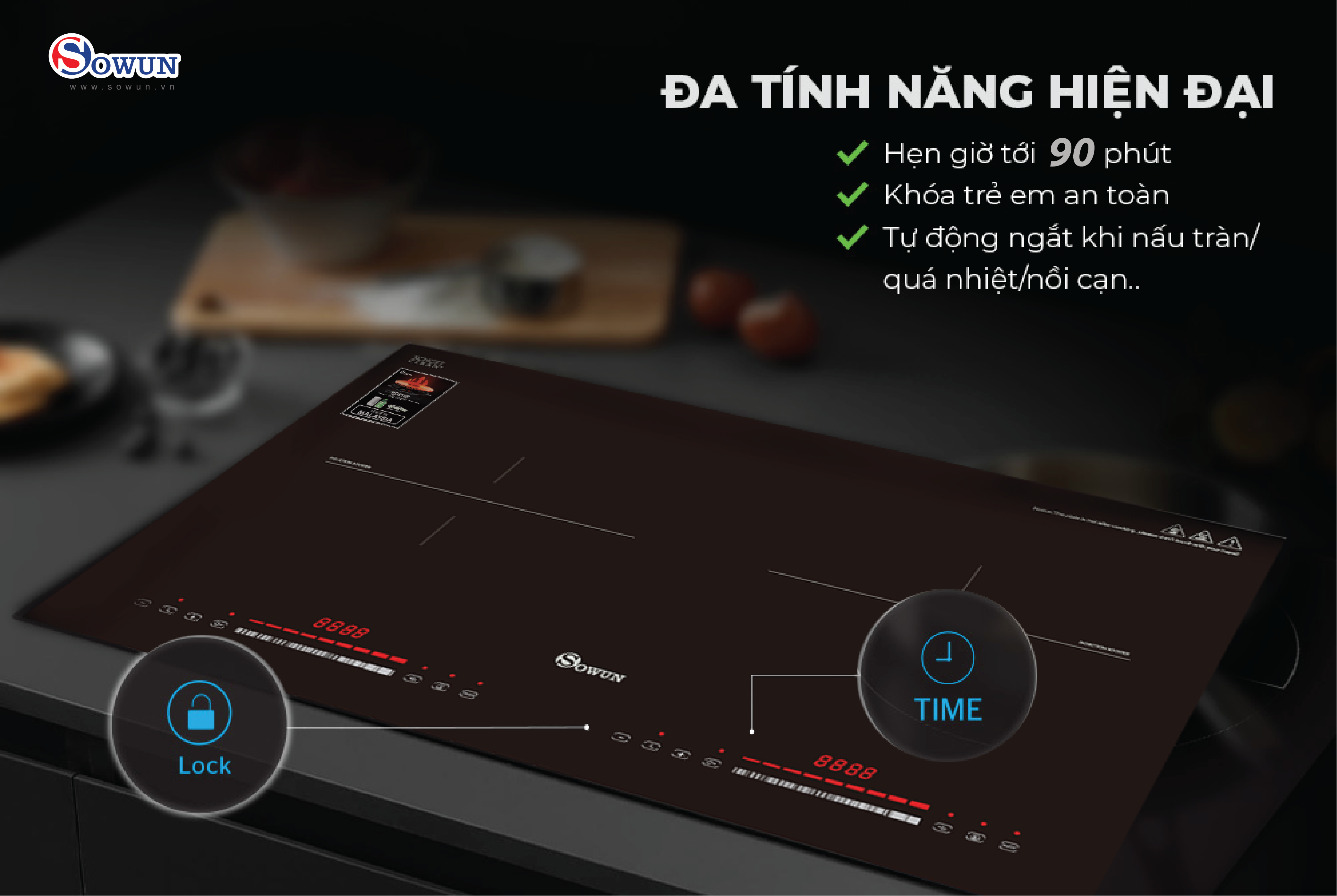 Bếp Điện Từ Đôi Nhập Khẩu SOWUN SW1228 ,Mặt Kính CERAMIC Cao Cấp Chịu Được Nhiệt Độ Cao
