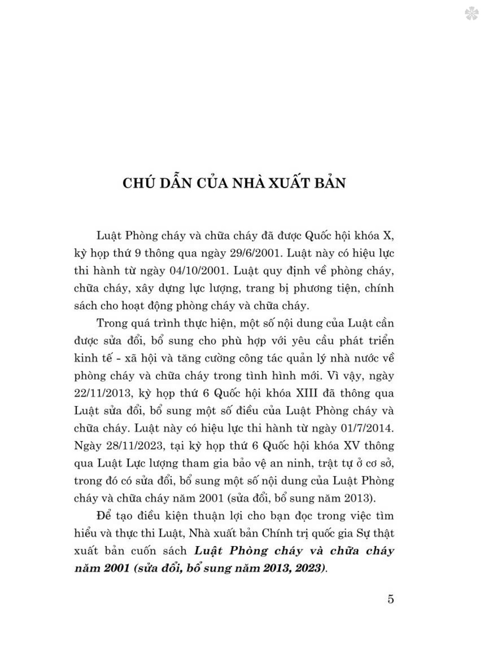 Luật phòng cháy và chữa cháy năm 2001 (sửa đổi, bổ sung năm 2013, 2023) bản in 2024