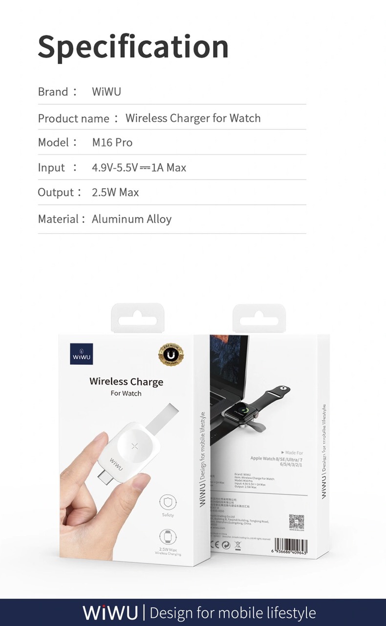 Sạc đồng hồ không dây Wiwu Wireless Charger M16 Pro cho đồng hồ thông minh tương thích với series 8/ Ultra/7/6/5/4/3/2/1 (38mm, 40mm, 41mm, 44mm, 45mm) - Hàng chính hãng