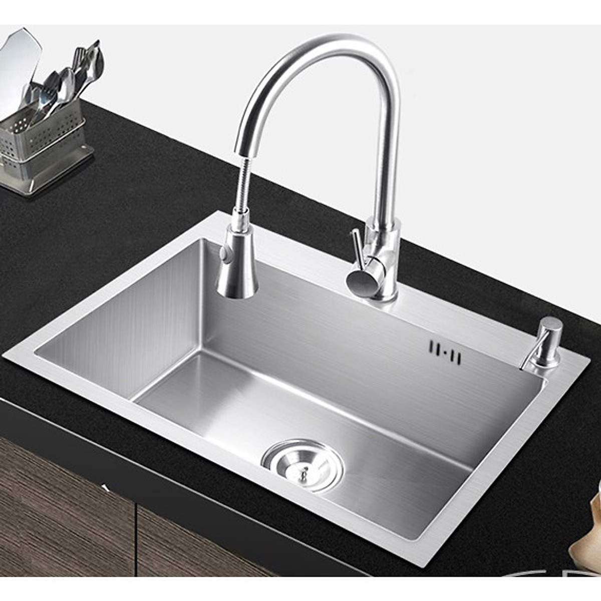Chậu rửa chén bát inox 1 hố Valenza 6045, kèm rá rau củ, bộ xi phong ống xả chậu
