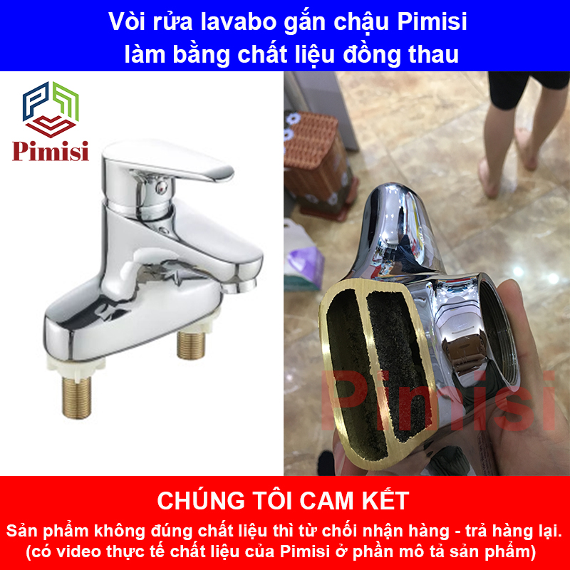 Vòi Chậu Lavabo Nóng Lạnh Pimisi PV-203C Cho Chậu Rửa Mặt 3 Lỗ (2 Chân) Bằng Đồng Thau, Mạ Crom/Niken Sáng Bóng Dùng Trong Nhà Tắm - Chỉnh Nước Bằng Gật Gù Nóng Lạnh Gắn Trên Bồn Rửa Mặt Treo Tường, Đủ Phụ Kiện Xi Phông Và Dây Cấp Nước | Hàng Chính Hãng