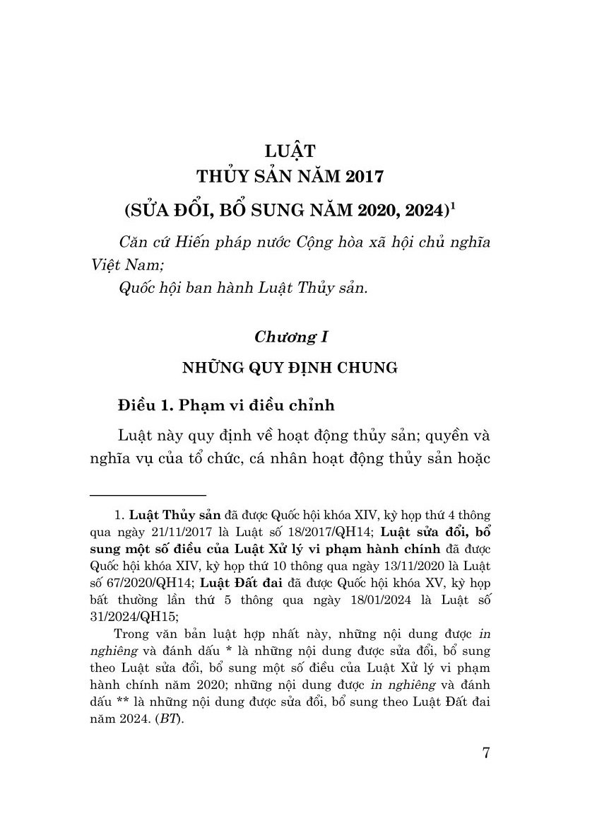 Luật thủy sản năm 2017 sửa đổi, bổ sung năm 2020, 2024 (bản in 2024)