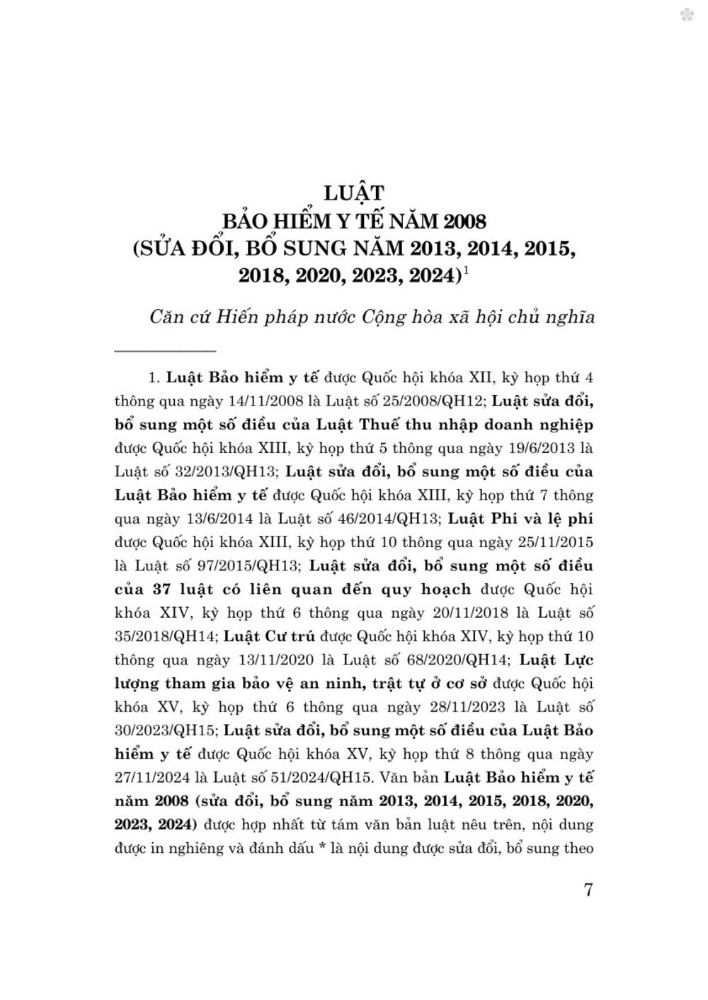 Luật bảo hiểm y tế năm 2008 (sửa đổi, bổ sung năm 2013, 2014, 2015, 2018, 2020, 2024) bản in 2025