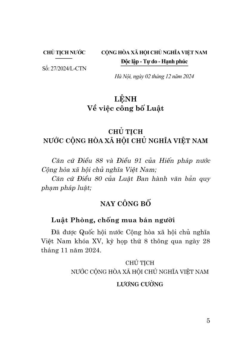 Luật Phòng, chống mua bán người năm 2024