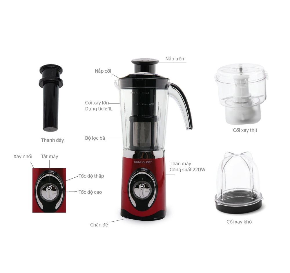 Máy Xay Sinh Tố 3 Cối Sunhouse SHD5322 (1.25L) - Đỏ - Hàng chính hãng