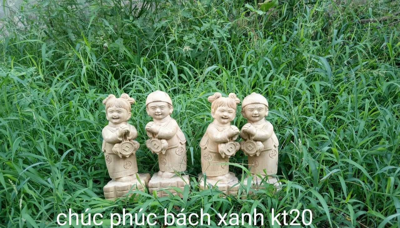 Cặp tượng điêu khắc tiểu đồng chúc phúc bằng gỗ bách xanh thơm phức kt cao 30cm