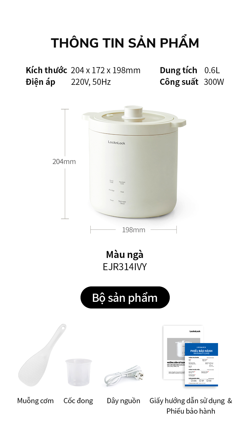 Nồi cơm điện mini 0.6L Bianco LocknLock EJR314IVY, Hàng chính hãng, Đa chức năng, Phủ men sứ, Nấu nhanh - JoyMall
