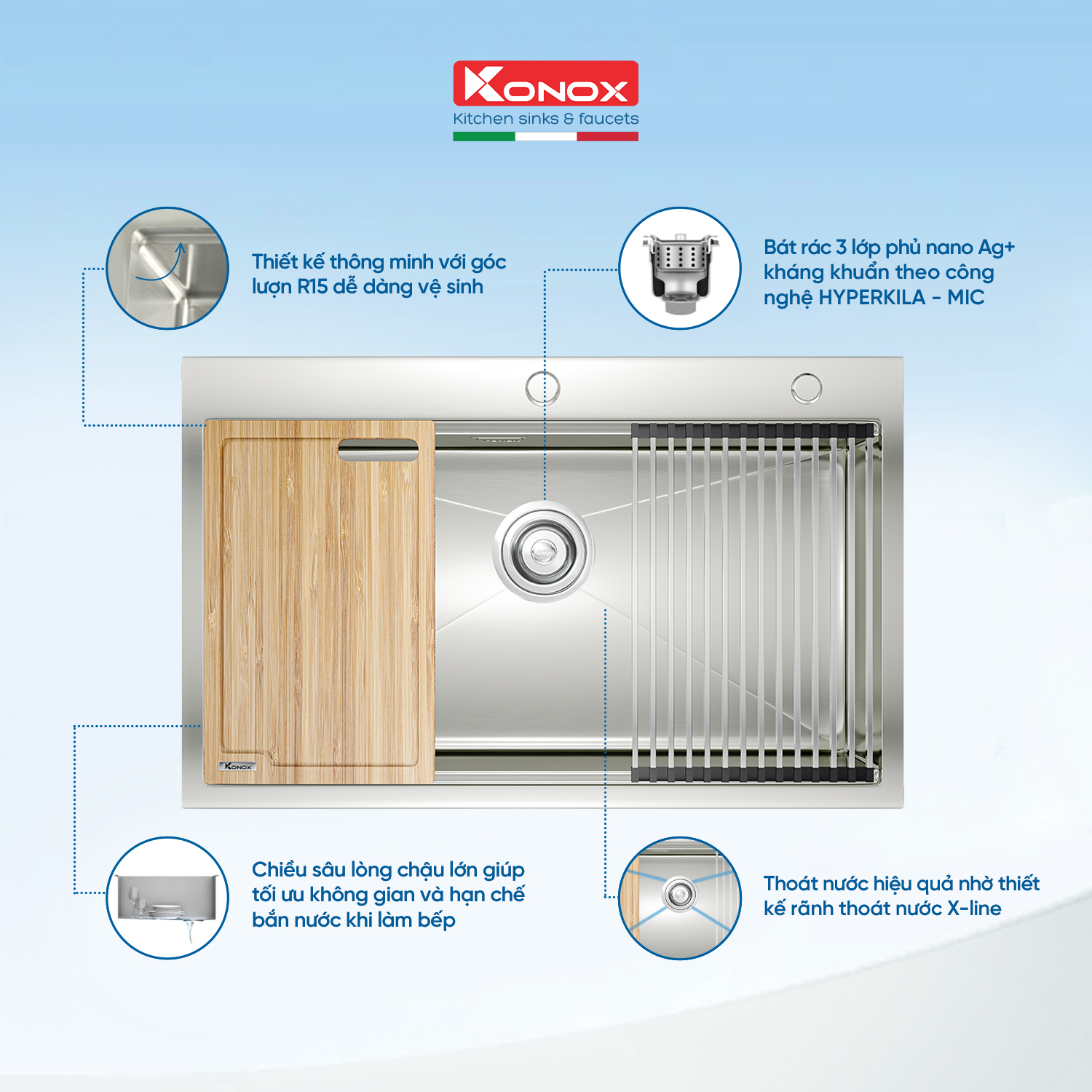 Chậu rửa bát inox Konox, Topmount Series, Model KN8050TS, inox 304 AISI tiêu chuẩn châu Âu, Hạ bậc tích hợp, 800x500x228(mm), Hàng chính hãng
