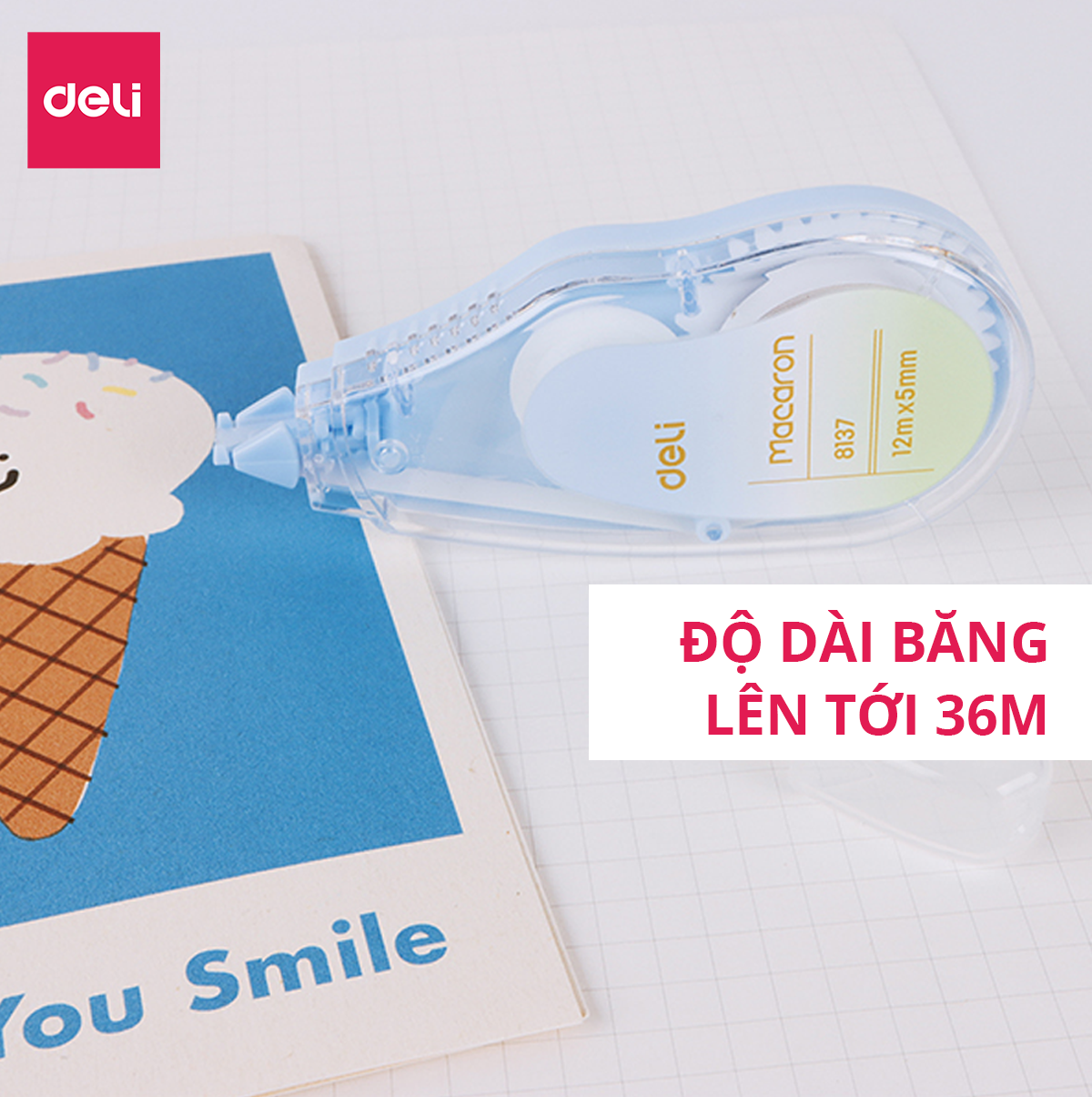 Băng xóa bút xóa kéo 12m Deli - Hình trái cây - Hồng/Xanh lá/Xanh dương - Set 3 chiếc - EH333