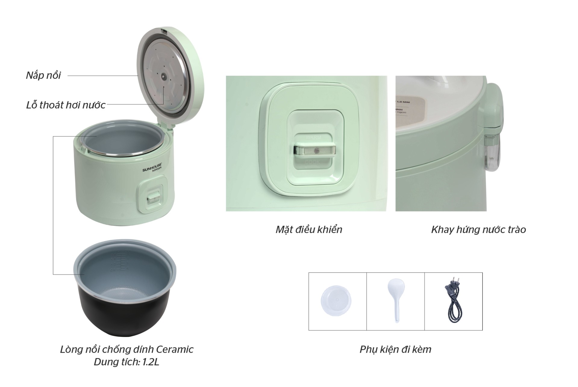 Nồi Cơm Điện Nắp Gài 1.2L Sunhouse Mama SHD8265B - Hàng Chính Hãng