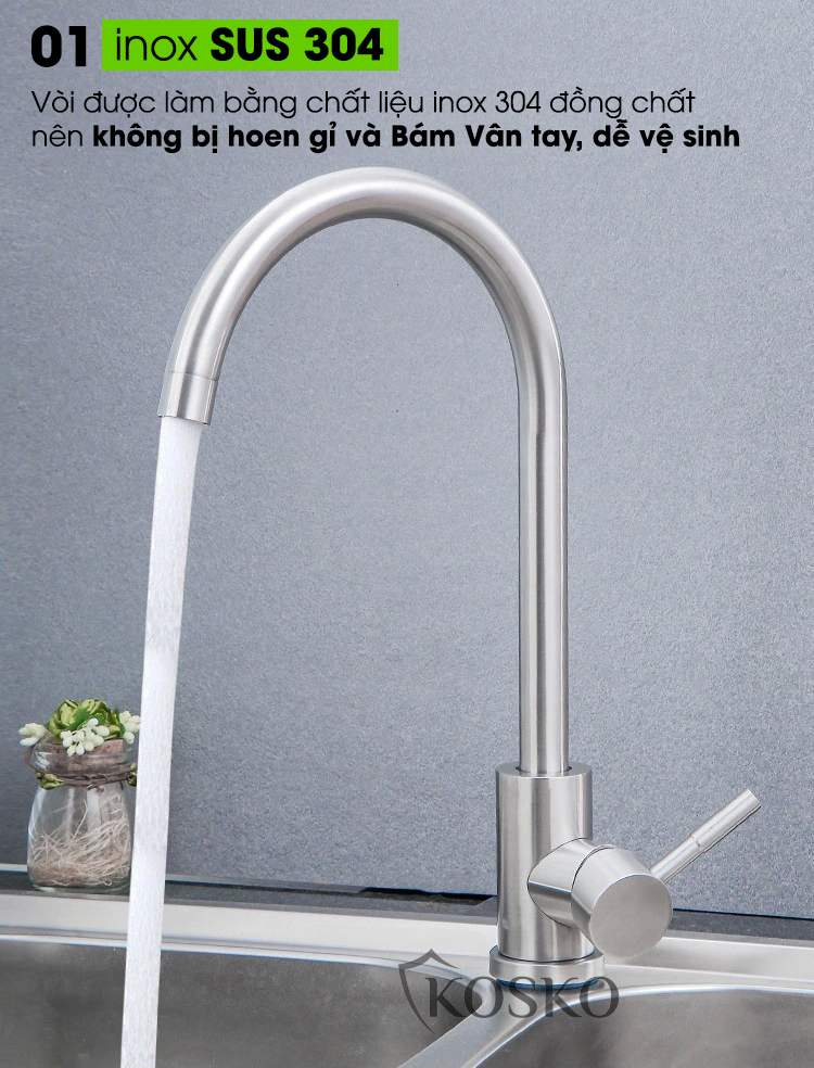 Vòi nước rửa chén KOSKO inox 304, vòi rửa chén bát tròn nóng lạnh phù hợp với nhiều loại bồn rửa chén và chậu rửa bát chén khác nhau