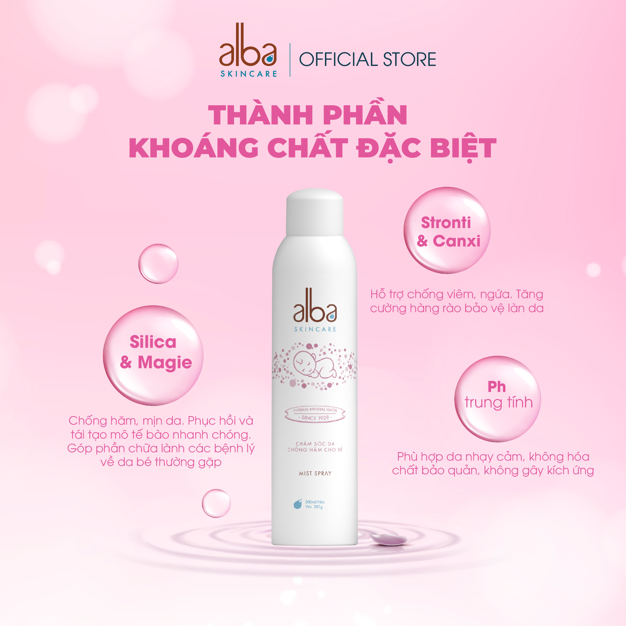 Xịt Khoáng BABY ALBA Chống Hăm Khô Rôm Sảy Giúp Da Bé Mịn Màng 300ML