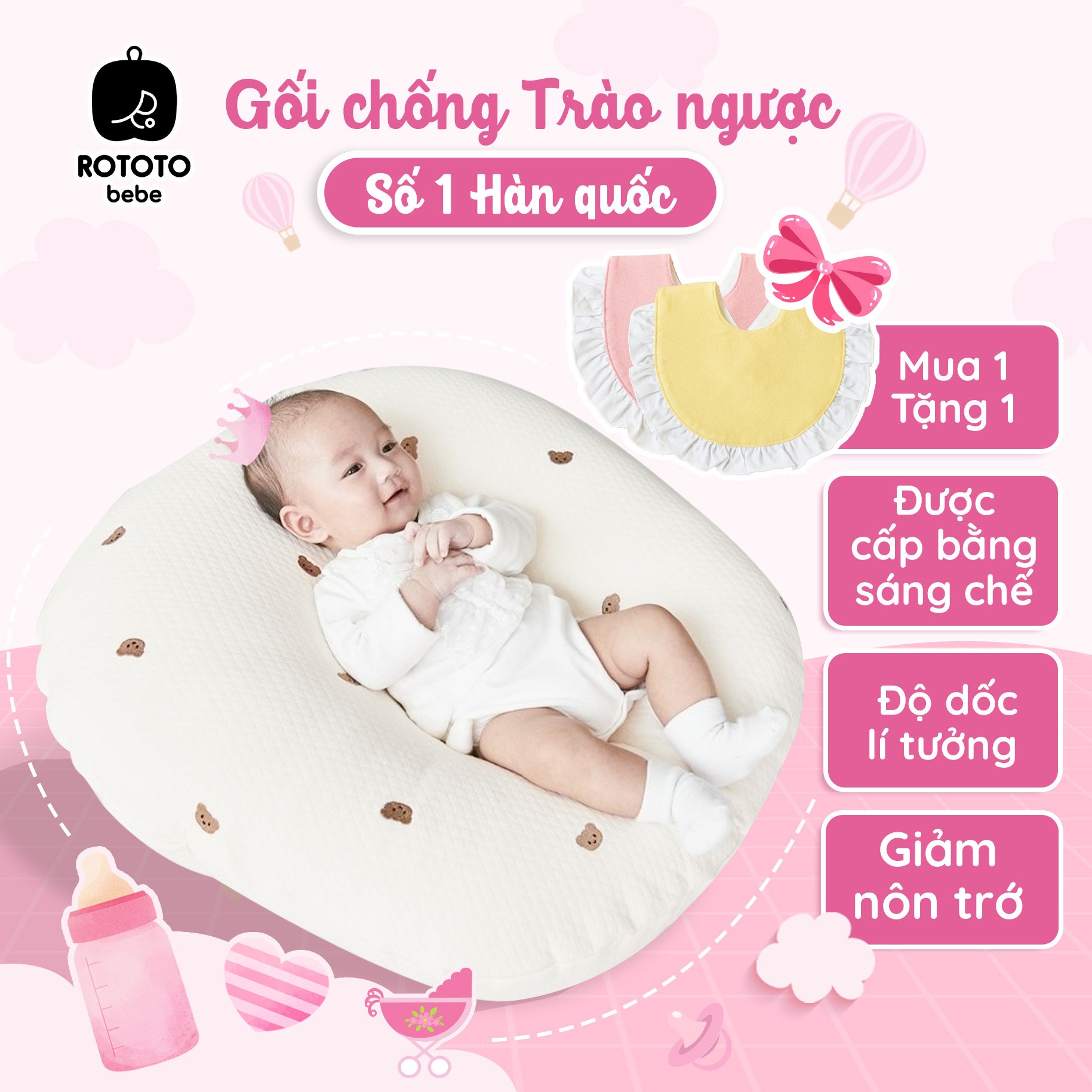 Gối chống trào ngược cho bé Rototo Bebe cao cấp nhập khẩu Hàn Quốc khắc phục tình trạng trào ngược dạ dày trẻ sơ sinh hiệu quả - Loại Cotton cao cấp mềm mại, thấm hút mồ hôi tốt