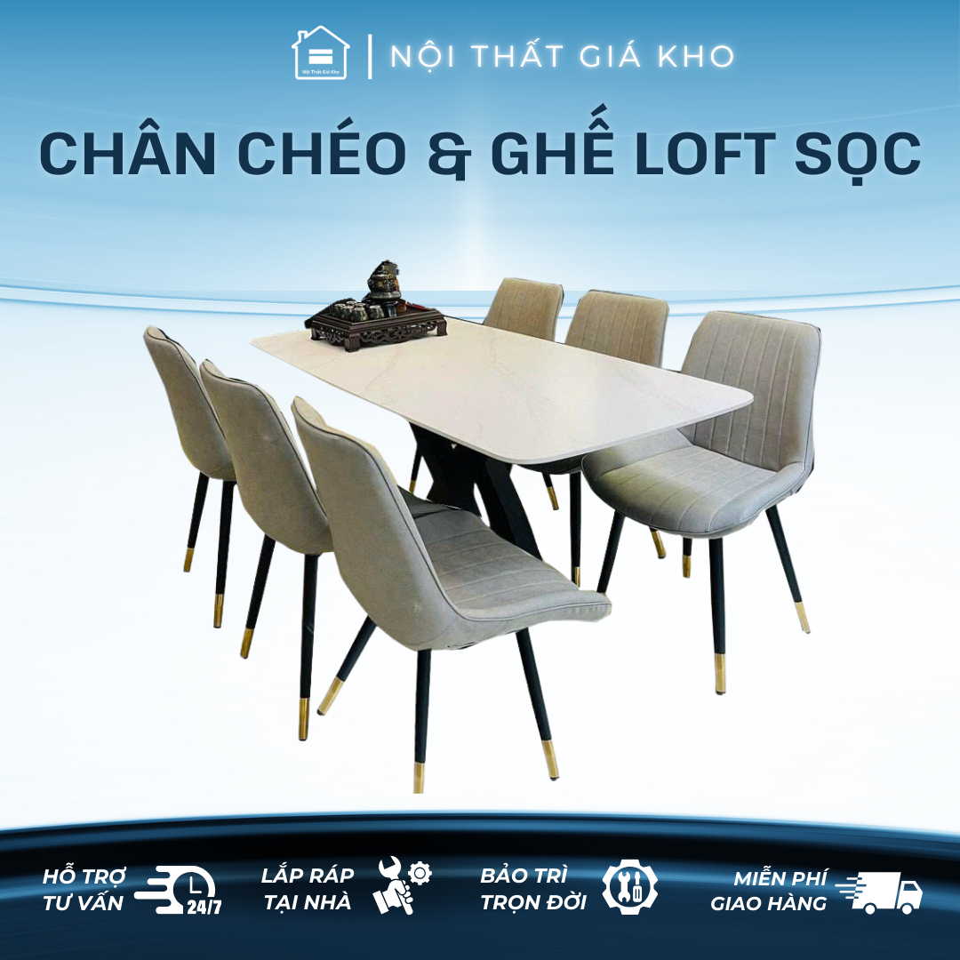 Bàn ăn mặt đá ceramic trắng bóng, ghi bóng, pandora chân bàn chéo chữ x kết hợp ghế Loft sọc