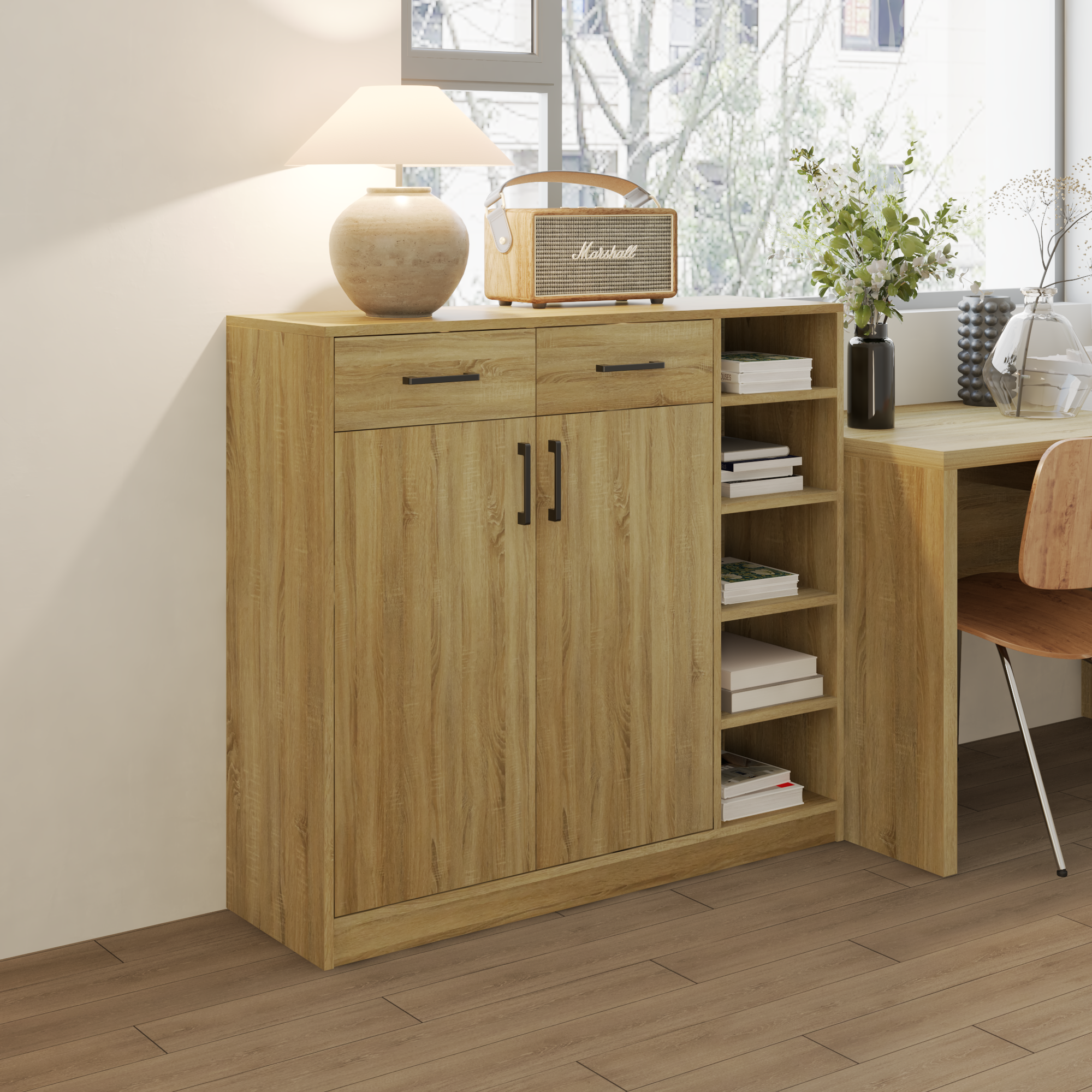 HAPPY FURNITURE , HEINEE - Tủ lưu trữ 2 cửa mở 2 ngăn kéo, TCM_215 , 110cm x 34cm x 100cm DxRxC, sản phẩm phổ thông