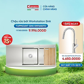 Chậu rửa bát inox Konox, Topmount Series, Model KN11650TD, Inox 304AISI tiêu chuẩn châu Âu, Hạ bậc tích hợp, 1160x500x220(mm),  Bảo hành chính hãng 10 năm, Hàng chính hãng