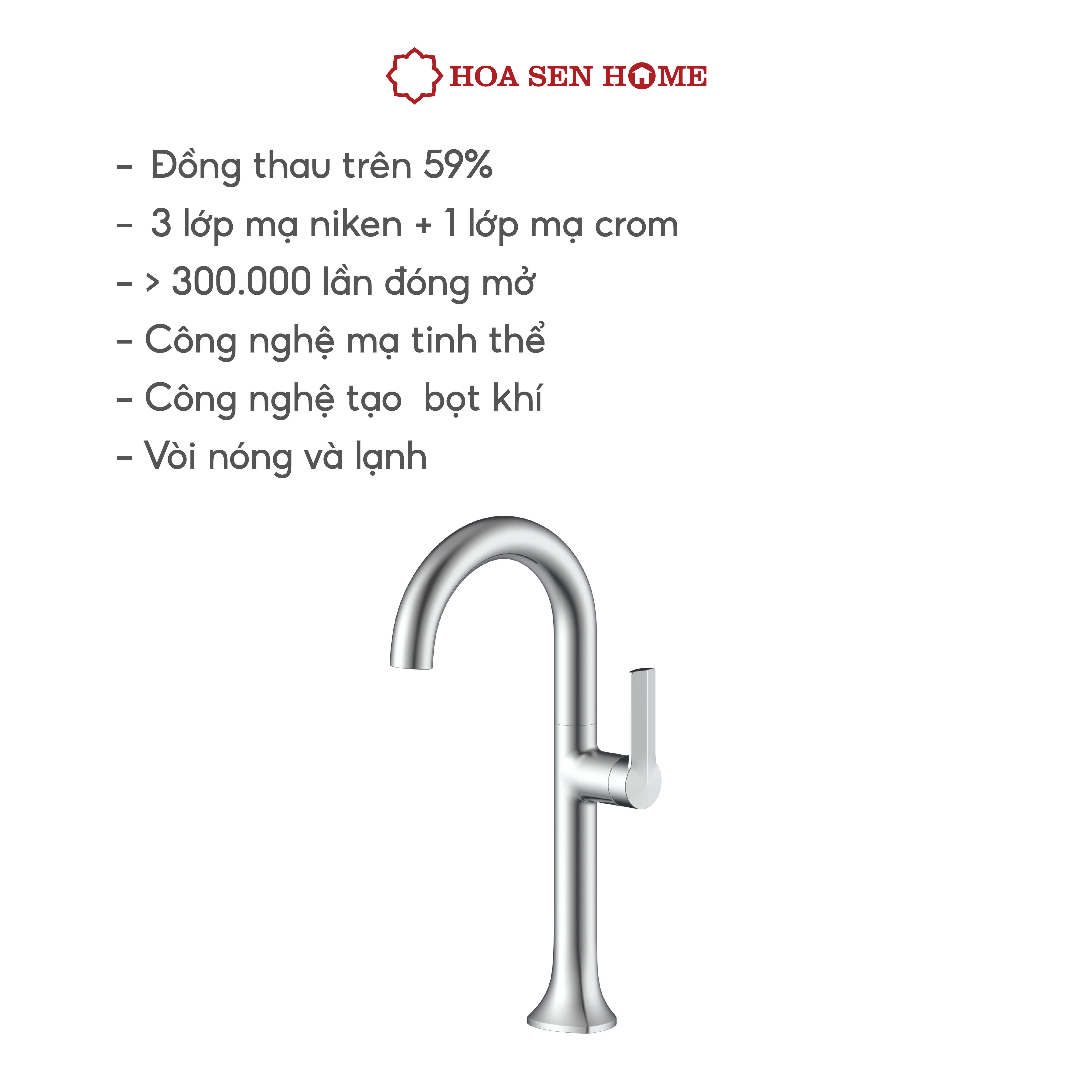 Vòi lavabo nóng lạnh TUSLO F009 Luxury chất liệu đồng nguyên chất, mạ Crom-Niken, công nghệ tạo bọt khí hiện đại - Hoa Sen Home - Hàng chính hãng