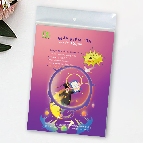 Giấy kiểm tra 4 ô ly giấy trắng 100gsm bảng kẻ sẵn tiện lợi, viết êm được tất cả các loại bút không lem không hằn, Combo 3: 26 tờ GKTL1-10 Green Art - Hàng chính hãng