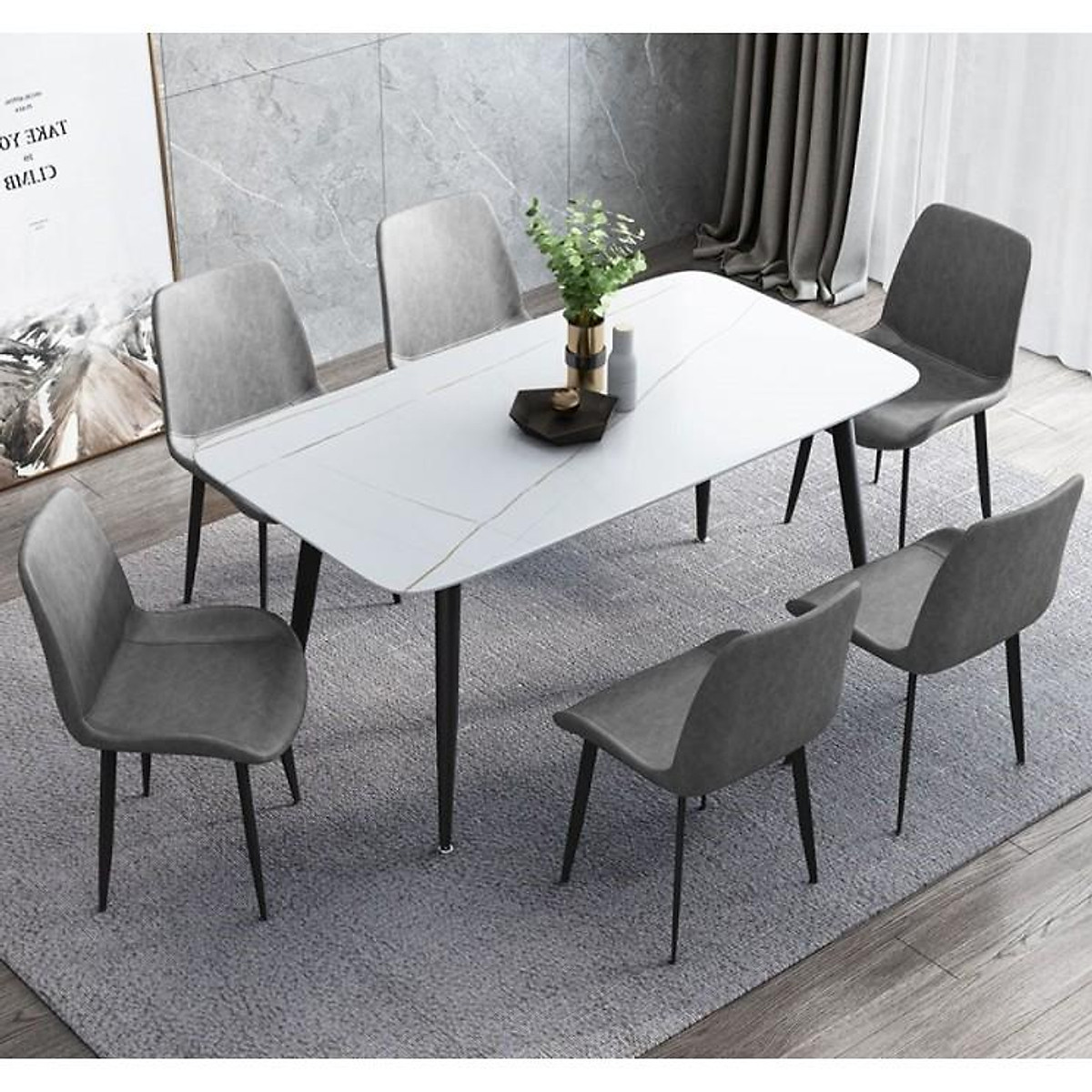 Bộ bàn ghế phòng ăn Tundo mặt đá ceramic cao cấp 1m6 kèm 6 ghế