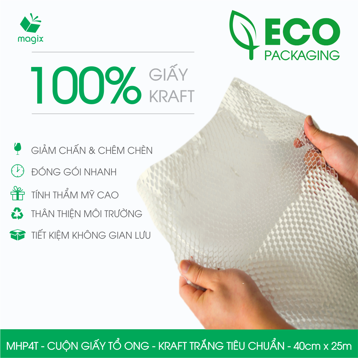 MHP4T - 40cm x 25m - Cuộn giấy tổ ong gói quà, gói hàng chống sốc - Kraft trắng kem Tiêu Chuẩn