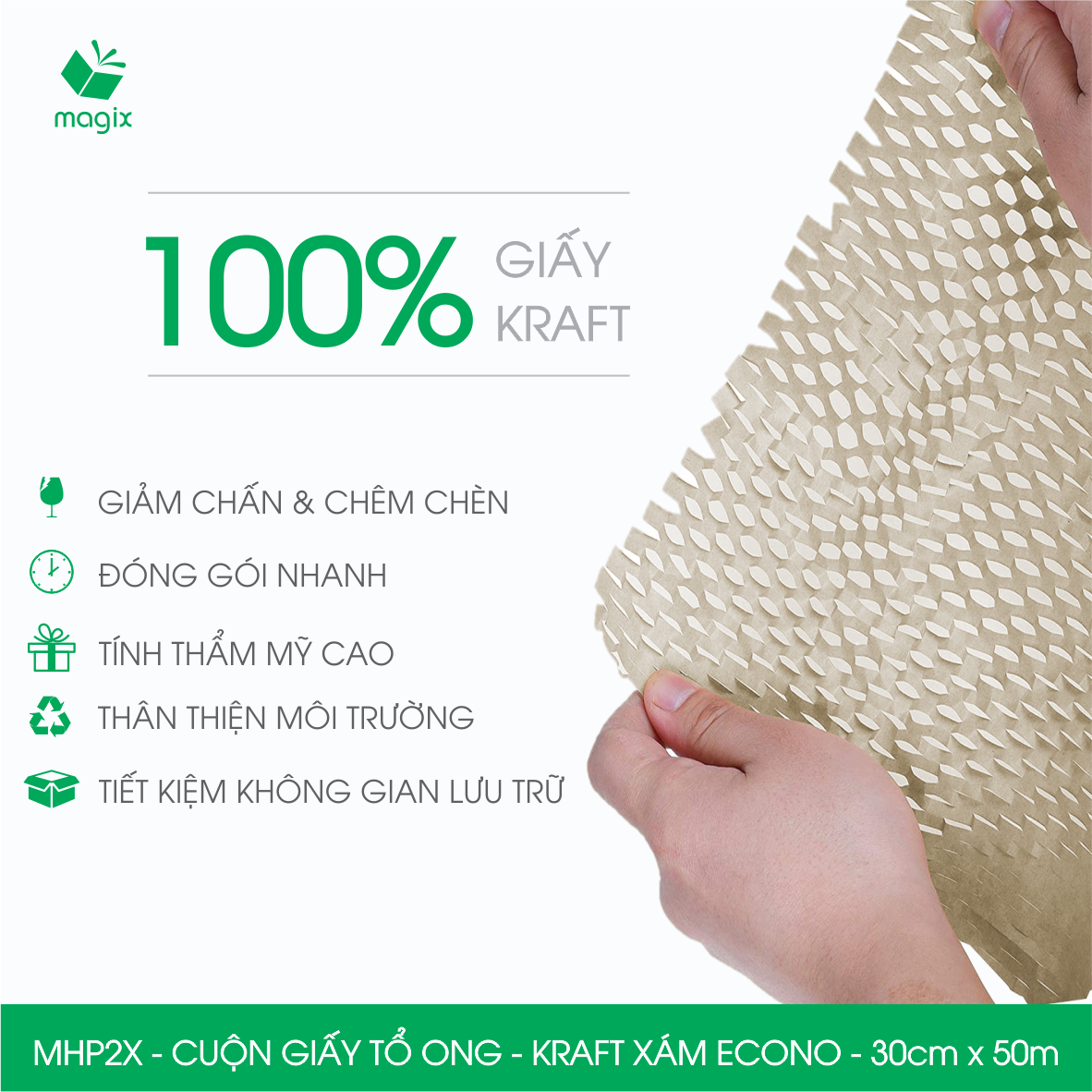 MHP2X - 30cm x 50m - Cuộn giấy tổ ong chống sốc - Kraft xám Siêu Tiết Kiệm ECONO