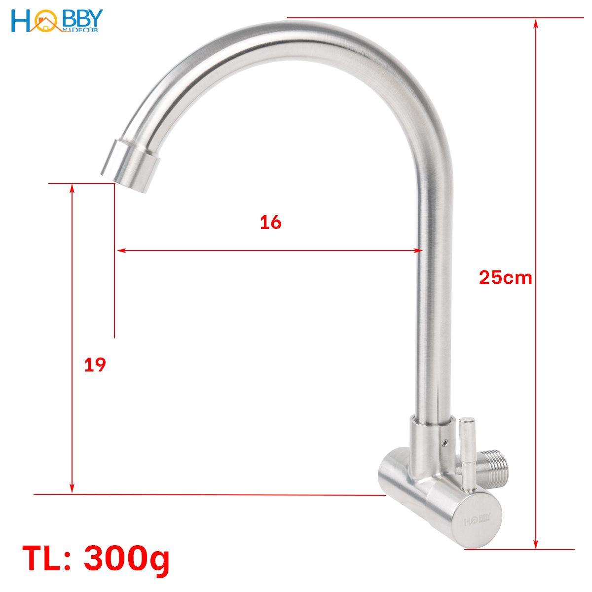 Vòi rửa chén lạnh gắn tường Inox 304 Hobby home decor VT2