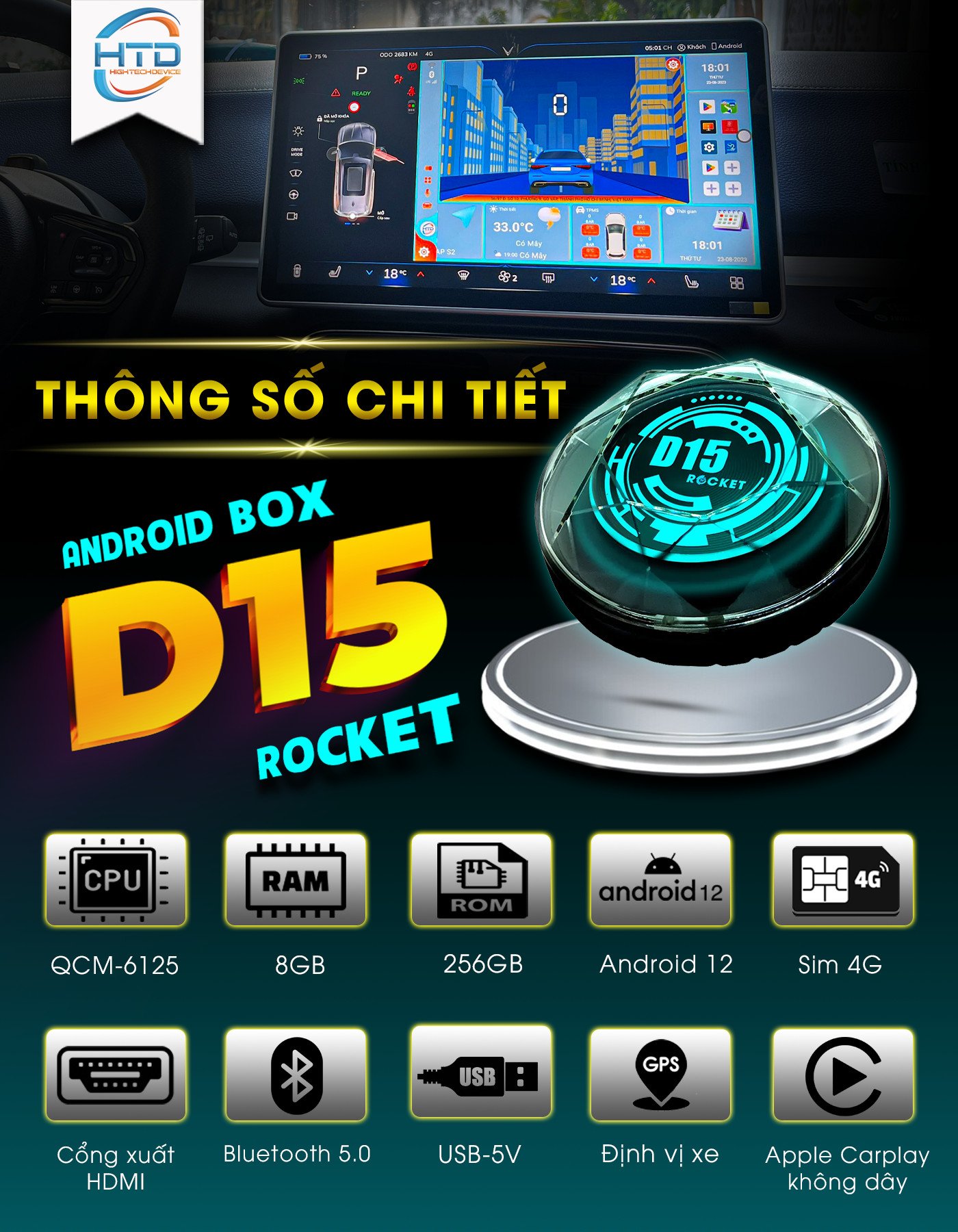 Siêu phẩm D15 Rocket chuyển đổi màn hình Android ô tô - Cấu hình khủng RAM 8GB/ RAM 265GB/ QCM-6125