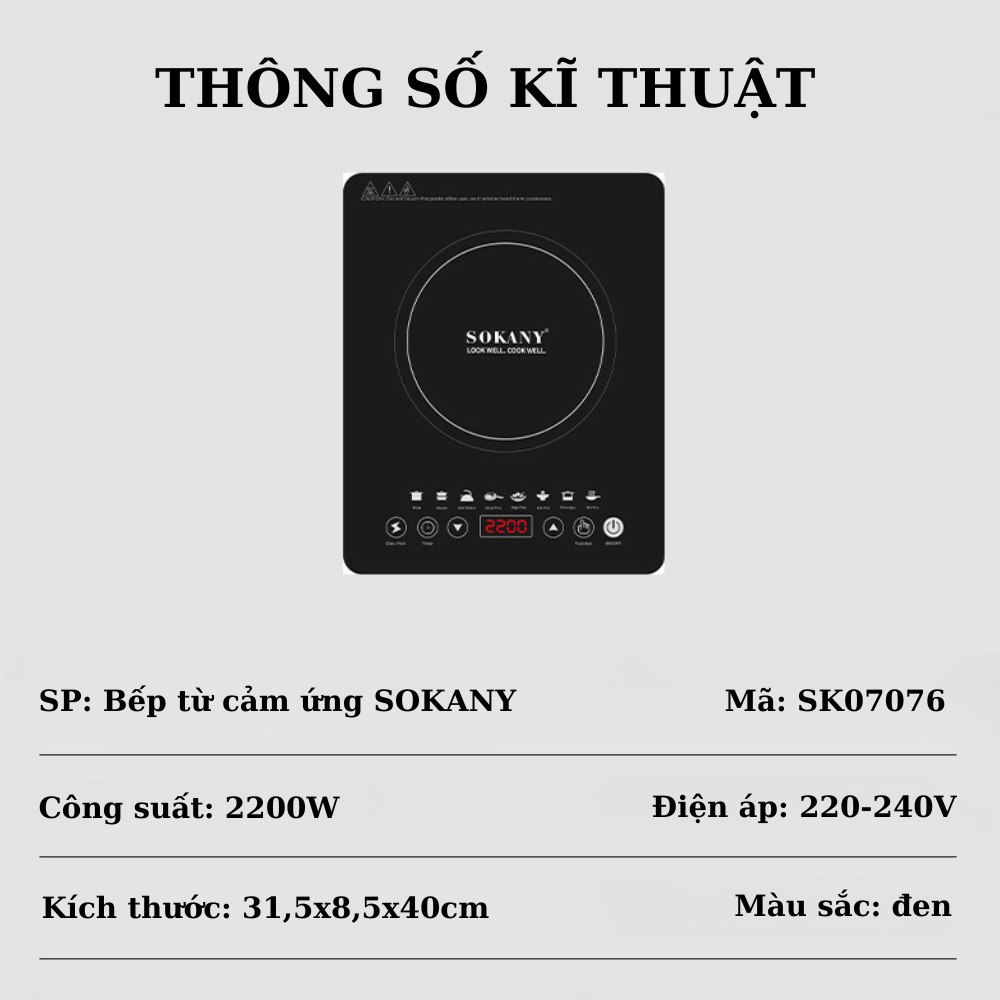 Bếp từ cảm ứng cao cấp SOKANY SK-07076, công suất 2200W, mặt kính chịu lực sử dụng cho mọi loại nồi - HÀNG CHÍNH HÃNG