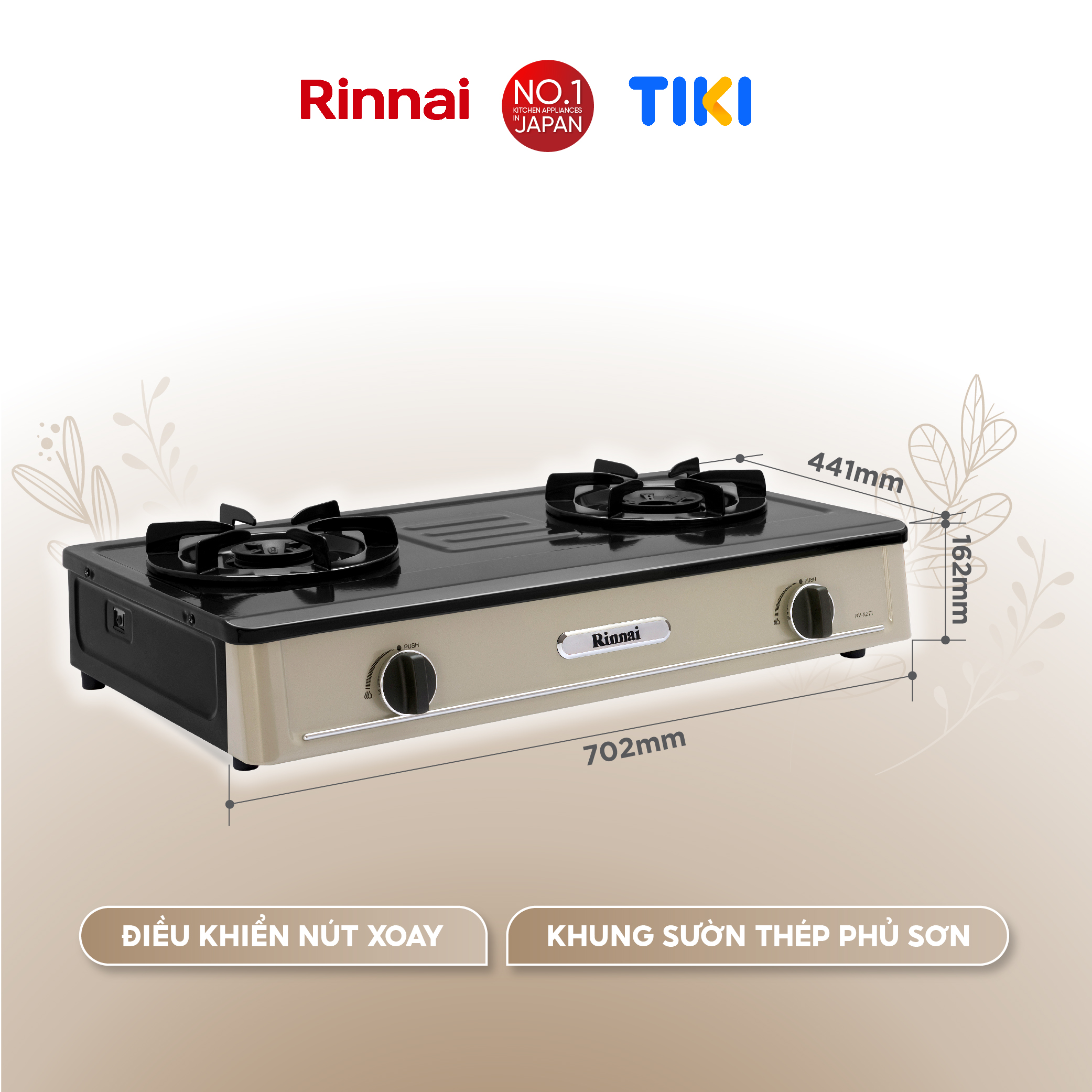 Bếp gas dương Rinnai RV-A271Y(EB) mặt bếp men và kiềng bếp men - Hàng chính hãng