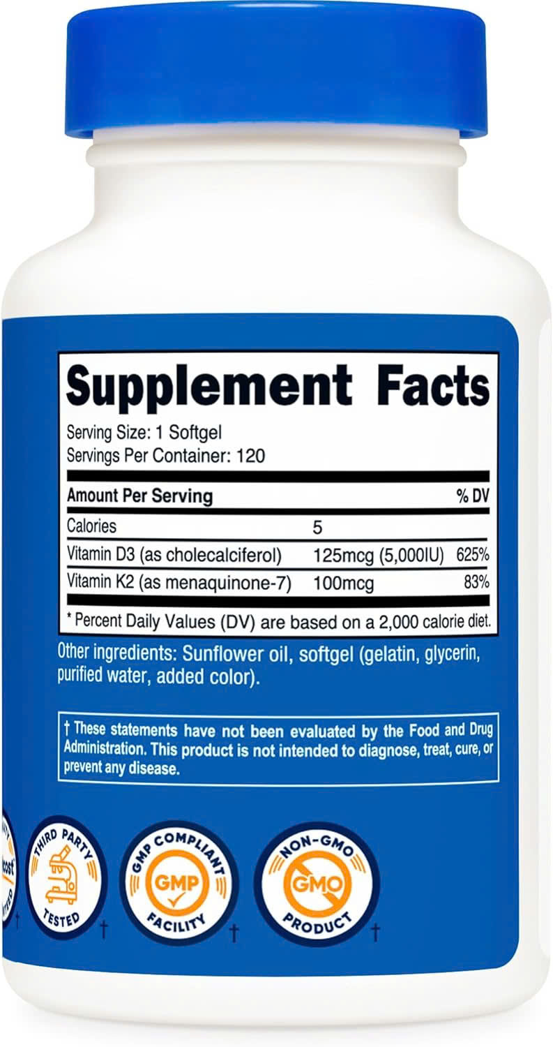 Viên Uống Nutricost Vitamin D3 + K2 MK7 (120 viên), Hỗ Trợ Răng Xương Chắc Khỏe, Ngừa Loãng Xương