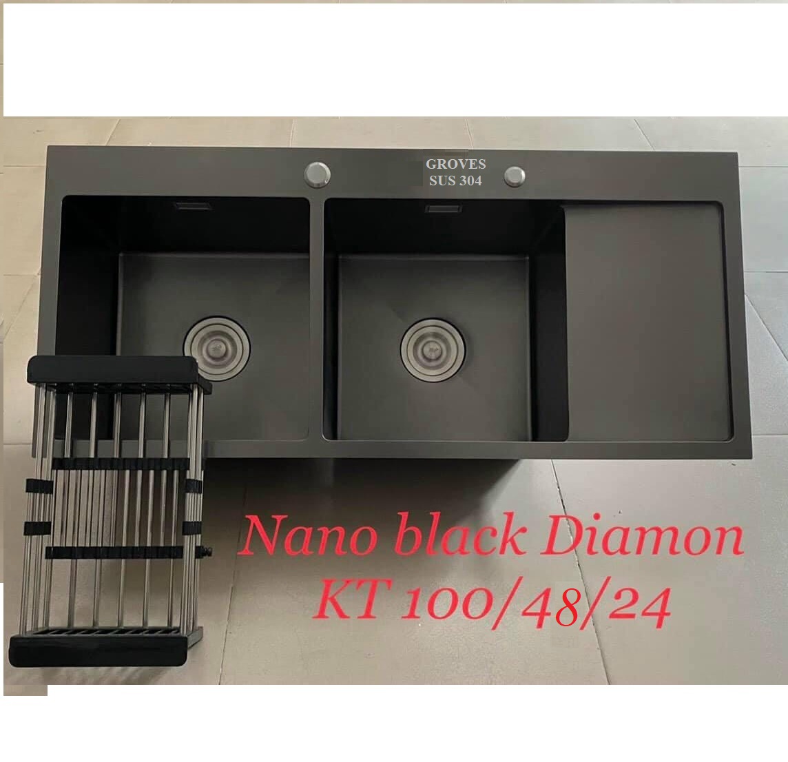 CHẬU RỬA BÁT NANO 2 HỐ BÀN TRƠN 100x48 cm nhập khẩu chính hãng GROVES