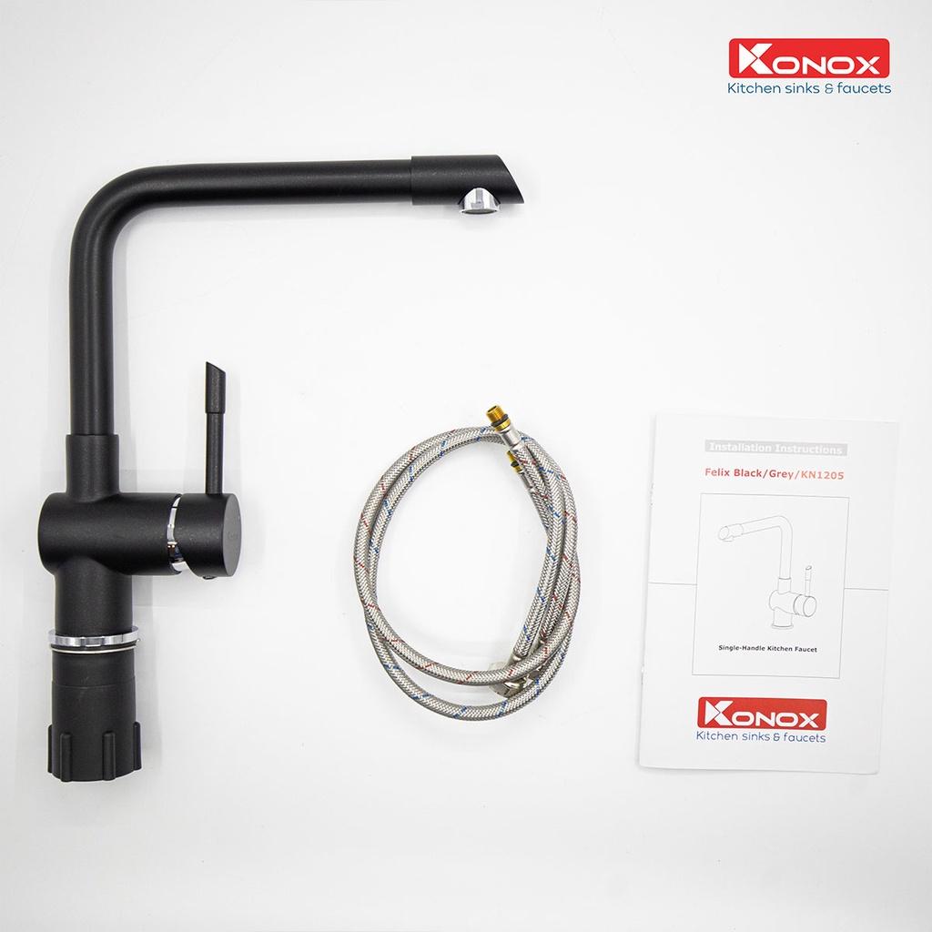 Vòi rửa bát nóng lạnh xoay 360 độ KONOX Felix Black, bề mặt xử lý mạ PVD Granite, lõi hợp kim đồng 61% tiêu chuẩn Châu Âu CW617N