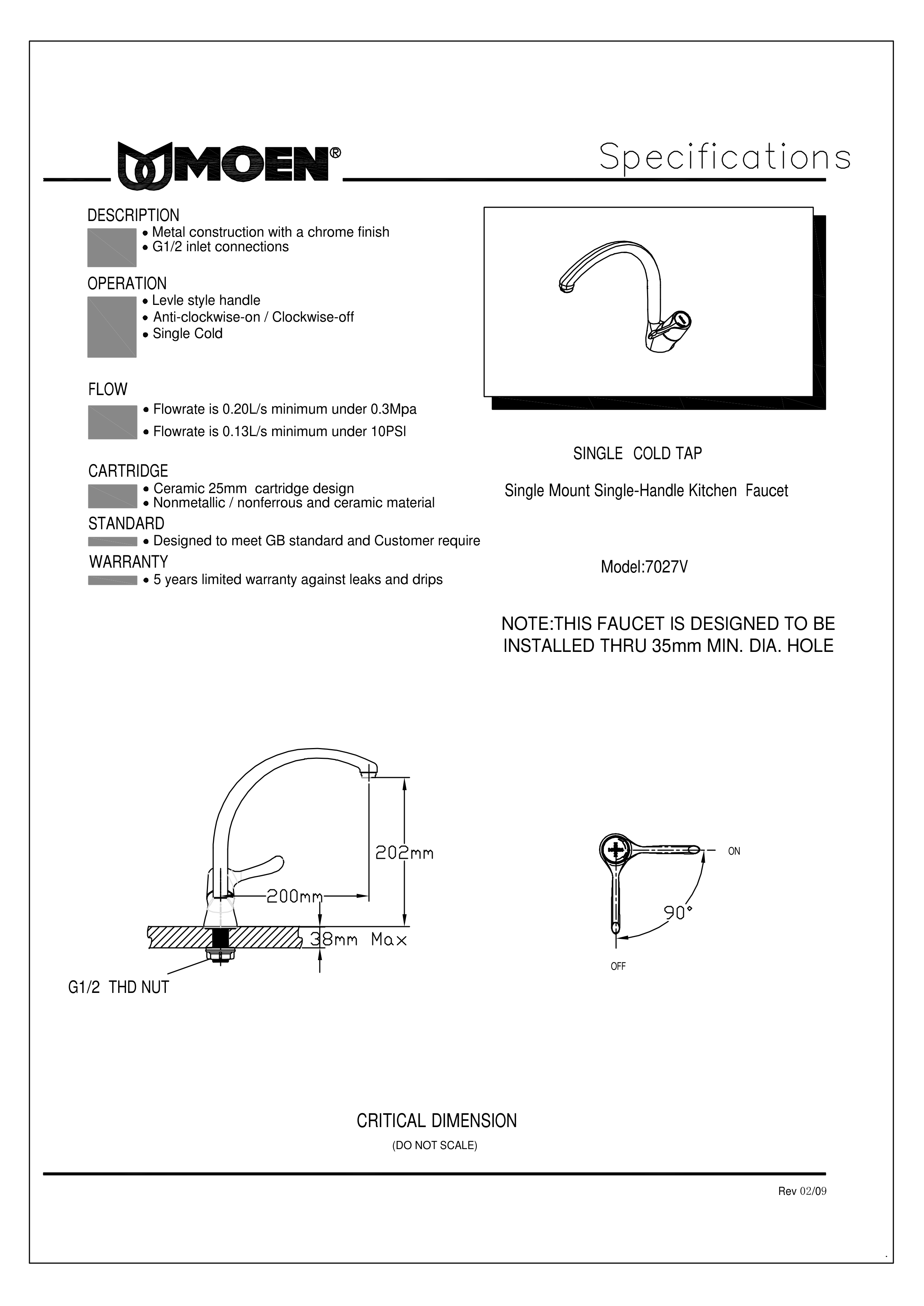 Vòi Rửa Chén Lạnh MOEN 7027A (HÀNG CHÍNH HÃNG)