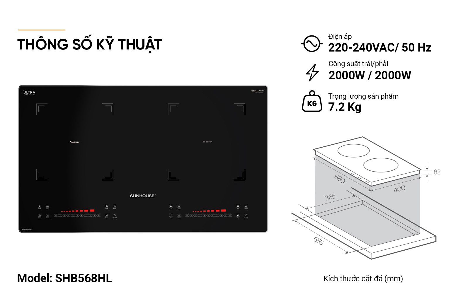 Bếp từ đôi Sunhouse SHB568HL, Công suất 4000W, Mặt kính Ultra Vitro Ceramic, bo viền 4 cạnh sang trọng, chắc chắn, Chức năng nấu nhanh Booster, Bảng điều khiển Slider Control siêu nhạy, Bảo hành 3 năm tại nhà - Hàng chính hãng