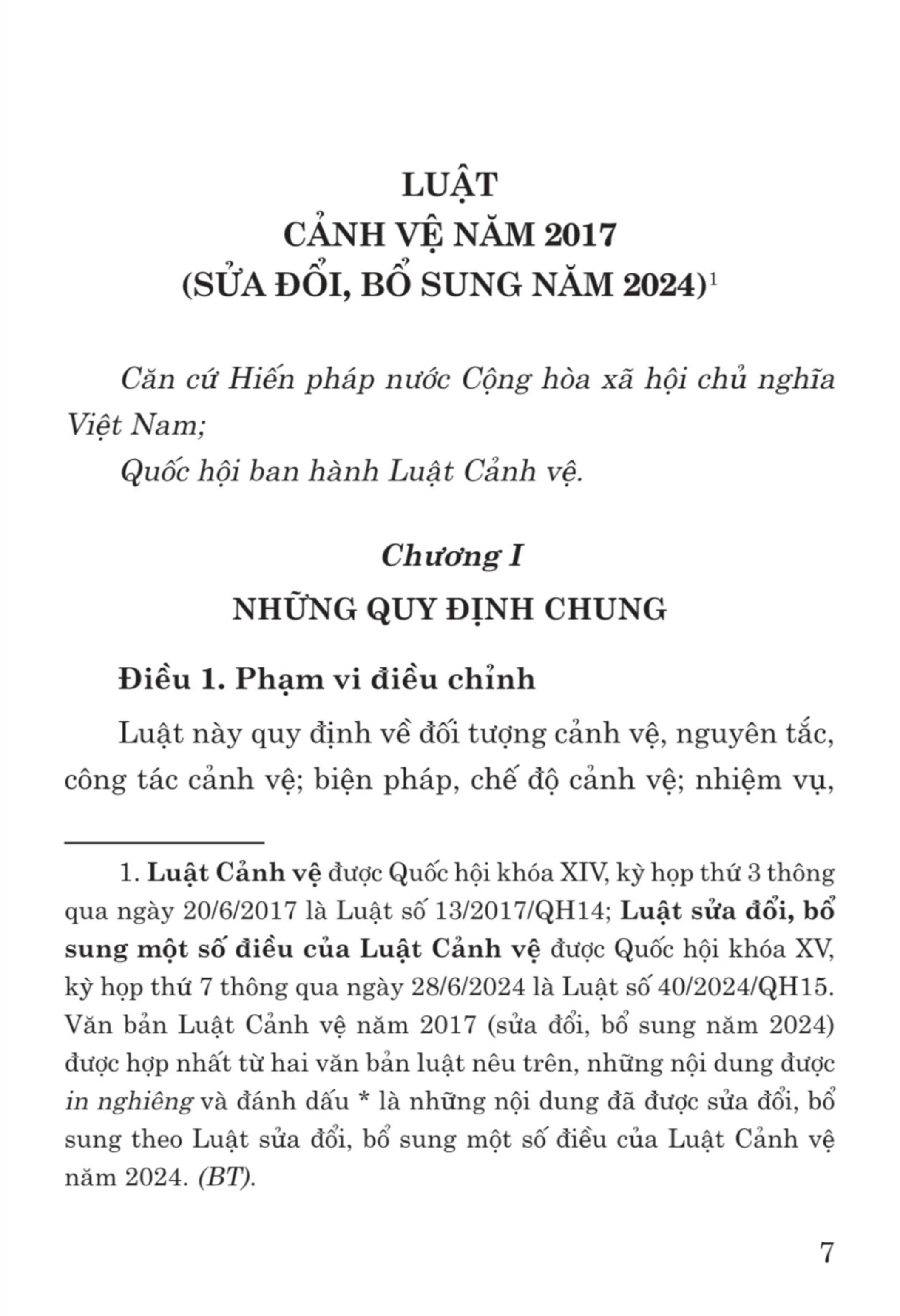 Luật cảnh vệ năm 2017 (sửa đổi,bổ sung năm 2024) - bản in 2024