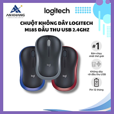 Chuột không dây Logitech M185 - đầu thu USB 2.4Ghz, pin 1 năm, 1000 DPI, thiết kế thuận cả 2 tay, phù hợp PC/ Laptop - Hàng chính hãng